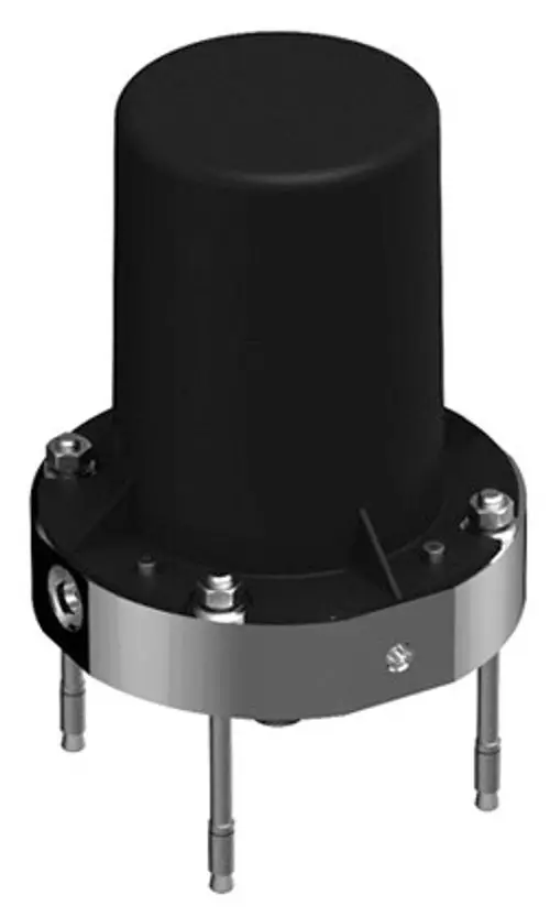 Schwarzes Armaturenzubehör mit rundem, hohem Oberteil und metallischem Sockel; mehrere Befestigungslöcher und Anschlussmöglichkeiten sichtbar.